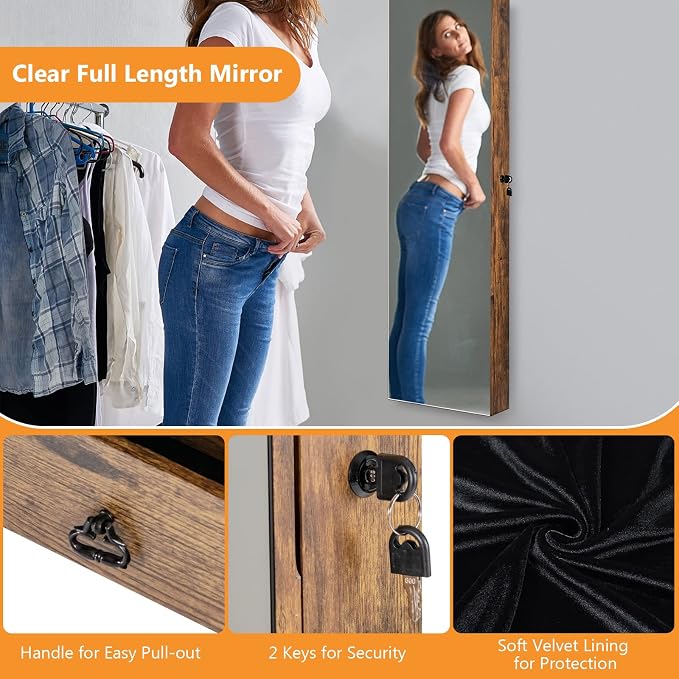 COSTWAY Wall Mounted Jewelry Armoire with Full Length Mirror & 2 LED Lights, Large Capacity, Lockable Mirror Jewelry Cabinet for Women Girls (Rustic Brown)