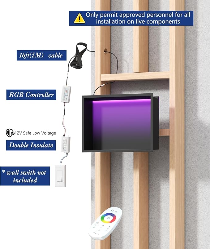 RGB LED Light Shower Niche, Matte Black 18X12 in Stainless Steel Recessed Storage with Remote Control, Waterproof No Tile Needed Wall Niche for Bathroom Storage Built-in Installation