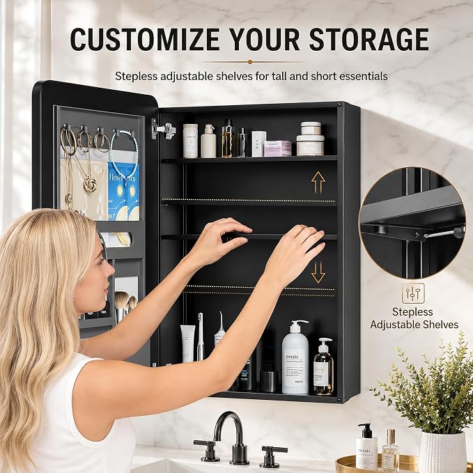 24x30 Black Medicine Cabinet Mirror, Recessed or Surface Mount | Built-in makeup organizer with lipstick slots, Brush holders and inner mirror; 3 adjustable shelves; Rustproof aluminum