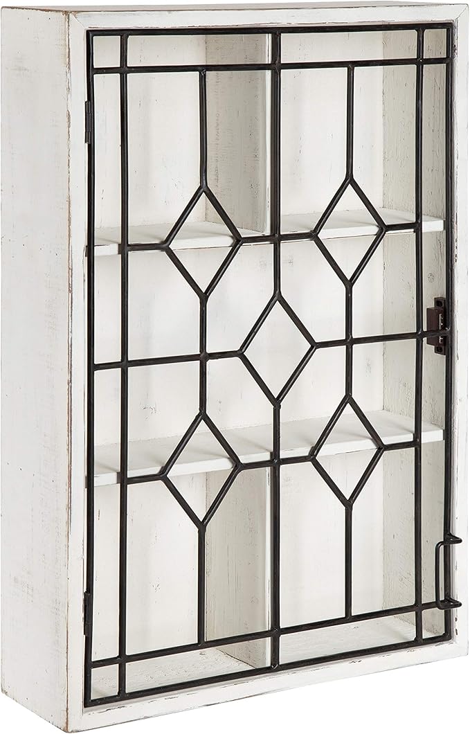 Kate and Laurel Megara Decorative Wooden Wall Hanging Curio Cabinet for Open Storage with Decorative Black Iron Door, Whitewash Finish