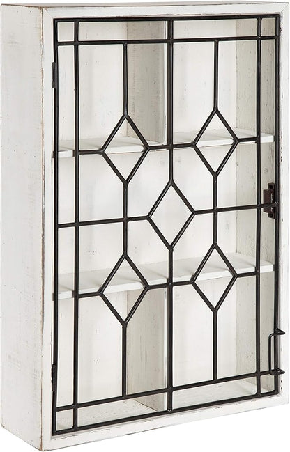Kate and Laurel Megara Decorative Wooden Wall Hanging Curio Cabinet for Open Storage with Decorative Black Iron Door, Whitewash Finish