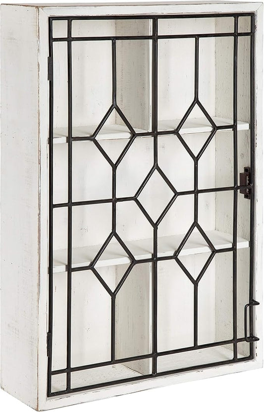 Kate and Laurel Megara Decorative Wooden Wall Hanging Curio Cabinet for Open Storage with Decorative Black Iron Door, Whitewash Finish