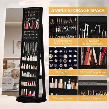 LVSOMT Standing Jewelry Cabinet with Sliding Full Length Mirror, Black | 360° Swivel Mirror with Jewelry Storage, Lockable Jewelry Armoire Organizer with 3 Rear Shelves for Bedroom, Gift for Women
