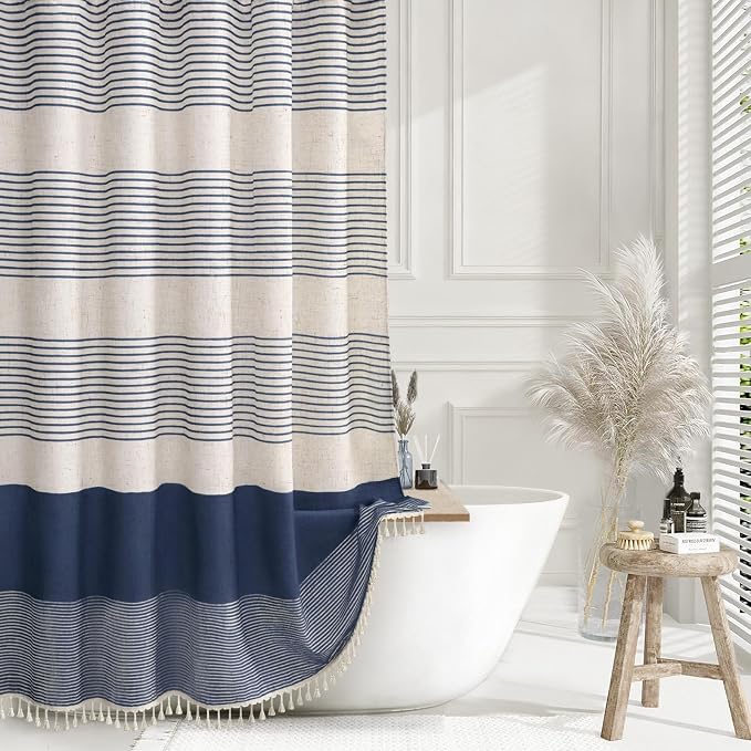 Navy Blue Coastal Ocean Linen Striped Shower Curtain with Tassel 72W X 78L | Long Boho Farmhouse Shower Curtains with Linen Texture for Bathroom Decor
