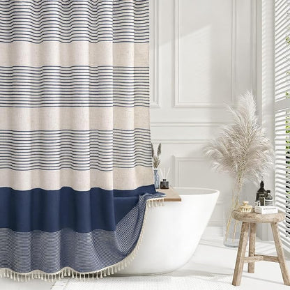 Navy Blue Coastal Ocean Linen Striped Shower Curtain with Tassel 72W X 78L | Long Boho Farmhouse Shower Curtains with Linen Texture for Bathroom Decor