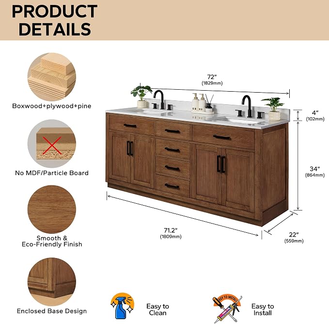 72-inch Dark Walnut Bathroom Vanity with 2 Sinks, Solid Wood, 0.79-inch Stone Countertop and Backsplash, 6 Drawers, 4 Soft Closing Doors