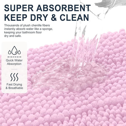 Smiry Thick Small Chenille Bathroom Rugs 24x16, Absorbent Bath Mat, Pink | Quick‑Dry & Machine Washable, Non‑Slip Bath Carpet, Soft Striped Bath Rugs for Tub & Shower, Modern Home Decor Accessories