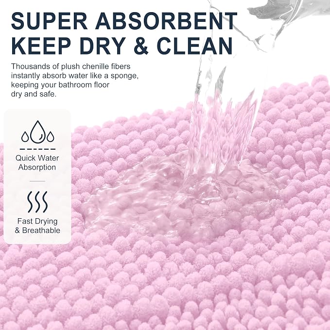 Smiry Thick Chenille Bathroom Rugs 36x24, Soft Absorbent Bath Mat, Pink | Quick‑Dry & Machine Washable, Non‑Slip Bath Carpet, Striped Bath Rugs for Tub & Shower, Modern Home Decor Accessories