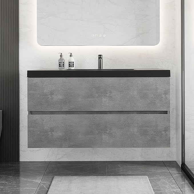 42 Inch Floating Bathroom Vanity with Sink, Modern Grey Wall Mounted Floating Vanity with Scratch-Resistant Quartz Sand Basin and Soft Closing Drawers, Pre Assembled Bathroom Vanity