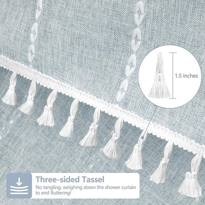 Seenus Boho Chic Shower Curtain Heavyweight with Tassels, 72 x 72 inch Sky Blue Linen Textured Fabric Shower Curtain, Country Farmhouse Striped Bathroom Decor Curtain Water Repellent