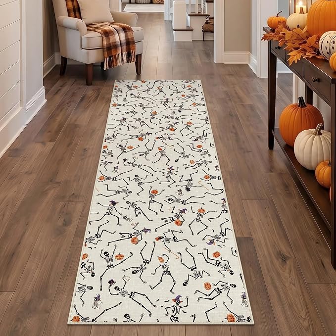 Tribesigns Halloween Runner Rug for Kitchen Non Slip 2x6 Washable Rugs with Rubber Backing, Ultra Thin Skeleton Carpet Runners for Hallways Beside Laundry Bathroom Decor, Beige/2x6