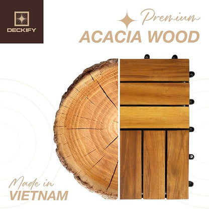 9-Piece Acacia Wood Interlocking Deck Tiles, Golden Teak Crossed | 12-Slat Cross Drainage, Non-Slip Grip, 490 lb Capacity, Protective Oil-Rubbed Finish, Flat-Surface Install, Patio Ready