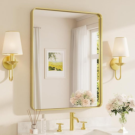 TETOTE Gold Vanity Mirror 28 x 36 Inch for Bathroom Over Sink Metal Framed Mirror Modern Farmhouse for Living Room Entryway(Horizontal/Vertical)