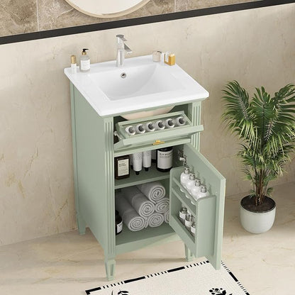 20" Bathroom Vanity with Ceramic Sink Top, Tip-Out Drawer, Door Rack, Adjustable Shelf, Solid Wood Legs, Soft-Closing Door, Green