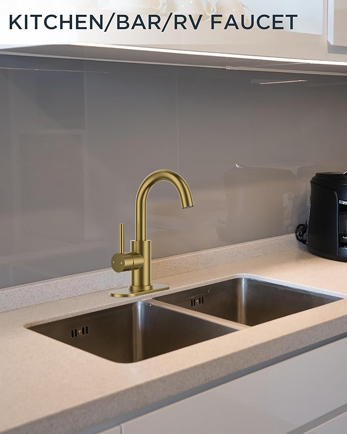 FORIOUS Brushed Gold Bathroom Faucet 1 Hole Single Handle 360° Swivel Gooseneck Spout, with Metal Pop Up Drain and cUPC Supply Line, Suitable for Wet Bar Kitchen RV Vanity Restroom