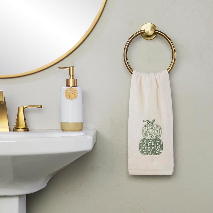 SKL Home Fall/Thanksgiving Scroll Pumpkin Hand Towel Set-2pc, Natural | 100% Cotton. Soft, embroidered velour. Great for use in the bathroom, kitchen or bar. Fun for Friendsgiving & gifting.