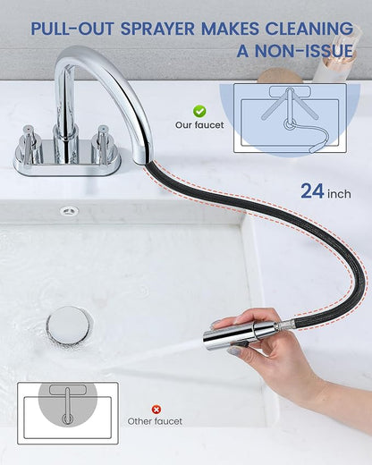 Bathroom Faucet with Pull Out Sprayer, Chrome Bathroom Faucet 3 Holes | Stainless Steel Lead-Free, 4 Inch Centerset Vanity Faucet, 2 Handle, Pop Up Drain, 3 Hole Faucet for RV Laundry Restroom