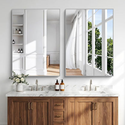 BONEWEI Silver Bathroom Mirror,30x42 inch Wall Mirror for Bathroom Wall Mounted,Rectangle Mirror for Bathroom Over Sink,Modern Metal Frame for Living Room,Bedroom Entryway,Horizontal/Vertical