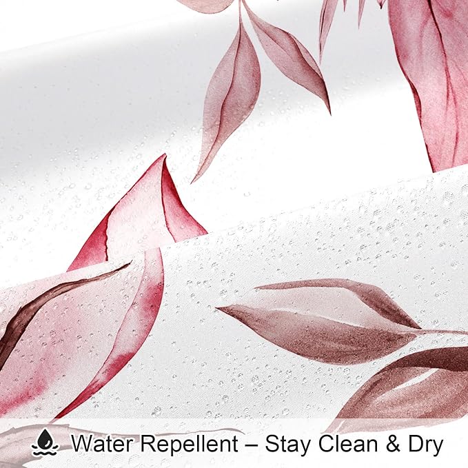 Burgundy Boho Floral Shower Curtain, Watercolor Botanical Design, 72 x 72 | Boho Floral Design, Watercolor Ink Painting Style, Botanical Flowers & Leaves, Elegant Bathroom Accent, Fabric Cloth Curtain