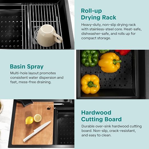 SereneLife Stainless Steel Kitchen Sink | Undermount & Drop-In Installation |13 Gauge & 30"L x 18"W x 9"H IN | Includes Faucet, Drain Rack, Strainer Basket, Cutting Board & Cup Washer | Black