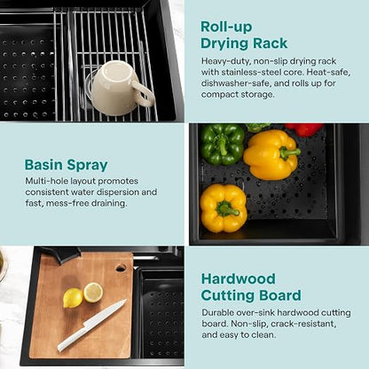 SereneLife Stainless Steel Kitchen Sink | Undermount & Drop-In Installation |13 Gauge & 30"L x 18"W x 9"H IN | Includes Faucet, Drain Rack, Strainer Basket, Cutting Board & Cup Washer | Black