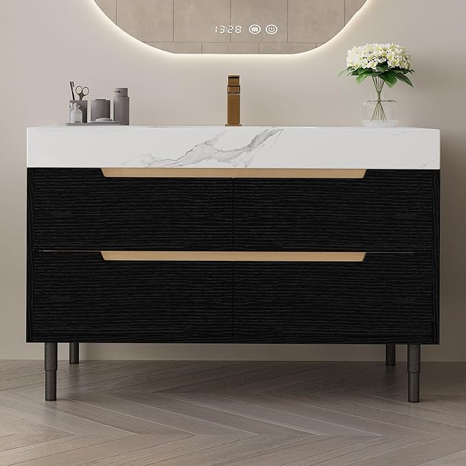 35.4" Freestanding Black Bathroom Vanity with Sintered Stone Countertop and Ceramic Basin Sink, Modern Bathroom Cabinet with 4 Soft Closing Drawers, Hidden Handle, Powder-Coated Metal Legs