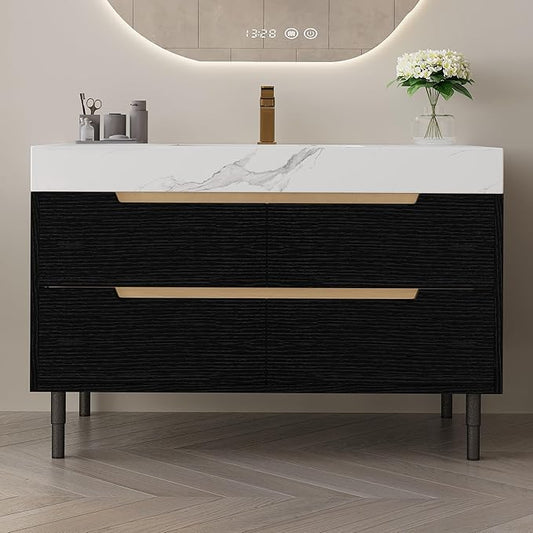 36" Bathroom Vanity with Undermount Sink Set, Modern Black 2-in-1 Wall Mounted & Freestanding Bathroom Vanity Cabinet with Sintered Stone top&4 Storage Drawers, Bathroom Single Sink Cabinet