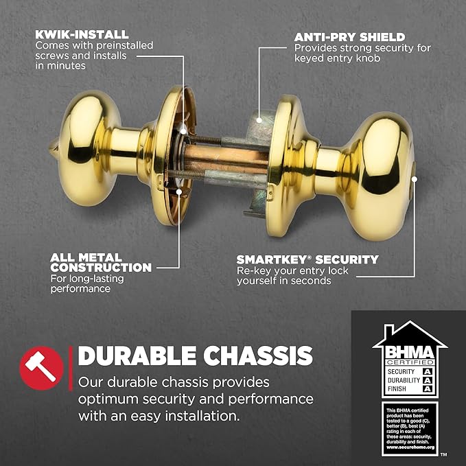 Kwikset Juno Entry Door Knob with Lock and Key, Secure Keyed Handle Exterior, Front Entrance and Bedroom, Polished Brass, Pick Resistant SmartKey Rekey Security