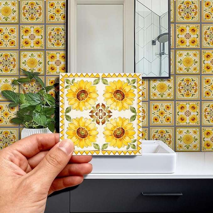 36pcs 4 Styles Yellow Floral Patterns Wall Tile Stickers, 4x4inch | Vintage Flowers Designs Waterproof PVC Tile Decals for Kitchen Bathroom
