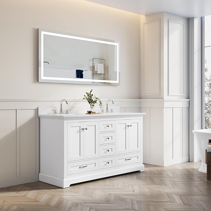 WELLFOR 60" Bathroom Vanity with Double Sinks, Bathroom Freestanding Vanity W/4 Soft-Close Doors and 6 Drawers, Large Storage Space Vanity, Engineered Stone Countertop Bathroom Vanity with Sink, White