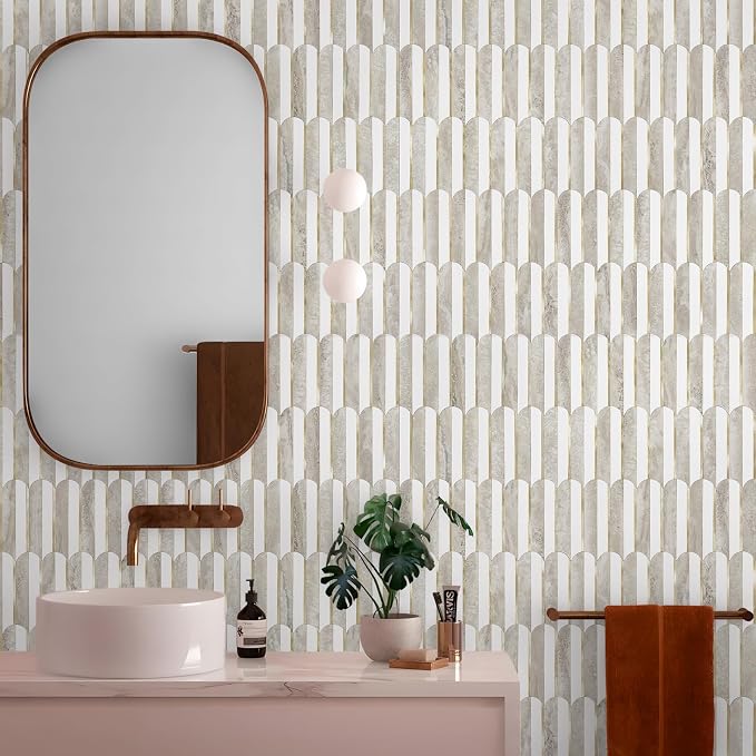 Vamos Tile Peel and Stick Backsplash Seamless Tile,1-Sheet Stick on Backsplash for Kitchen and Bathroom,White and Beige Slate PVC Mixed Metal Gold Self Adhesive Mosaic Tiles
