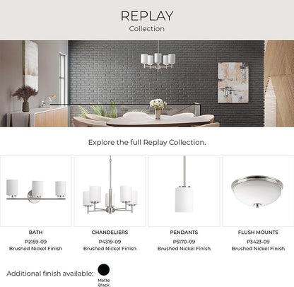 Replay Collection 3-Light Etched White Glass Modern Bath Vanity Light Brushed Nickel