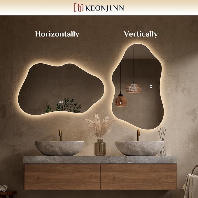 Keonjinn Irregular Backlit Bathroom Mirror 40 x 24 Inch, HD Tempered Glass | Asymmetrical Cloud LED Bathroom Mirror, 3000K/4500K/6000K, Dimmable, Fast & Safe Defog, Memory Function, Horizontal/Vertical