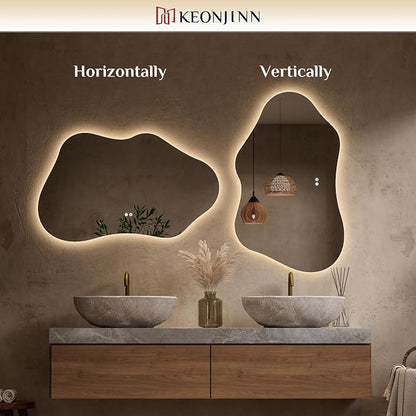 Keonjinn Irregular Backlit Bathroom Mirror 40 x 24 Inch, HD Tempered Glass | Asymmetrical Cloud LED Bathroom Mirror, 3000K/4500K/6000K, Dimmable, Fast & Safe Defog, Memory Function, Horizontal/Vertical