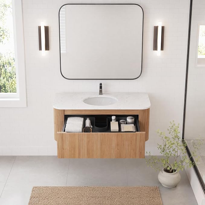 42 Inch Wall Mounted Bathroom Vanity with Ceramic Sink, Pre-Assembled Floating Vanity Cabinet with Cararra Artificial Countertop, Wave Texture Finish & Drawer, Wood