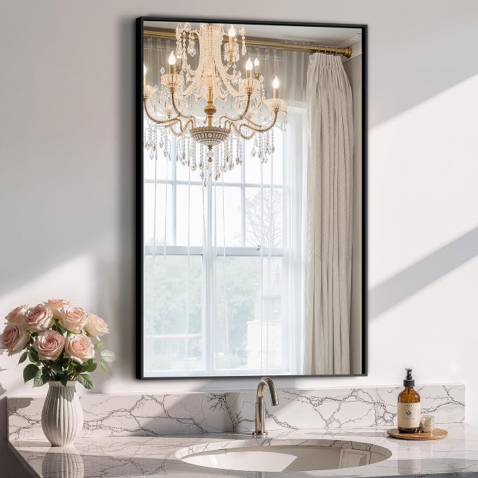 Bathroom Vanity Mirror for Wall, 20"x30" Bathroom Mirror for Over Sink | HD Shatterproof Glass, Rectangular Metal Frame, Horizontally or Vertically, Mirror for Bathroom, Living Room, Entryway(Black)