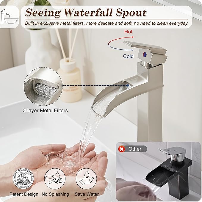 Brushed Nickel Bathroom Vessel Sink Faucet, 12 Inch Brass Waterfall Tall Bathroom Faucet 1 Hole with Drain, Single Handle for Countertop Vanity Modern Retro Farmhouse Bowl Sink, 5 Mins Install