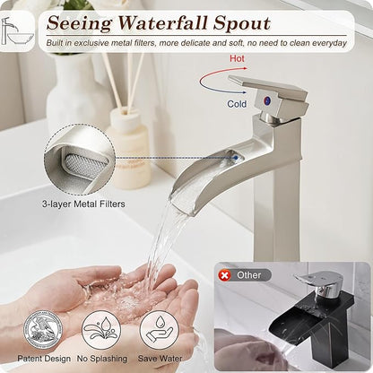 Brushed Nickel Bathroom Vessel Sink Faucet, 12 Inch Brass Waterfall Tall Bathroom Faucet 1 Hole with Drain, Single Handle for Countertop Vanity Modern Retro Farmhouse Bowl Sink, 5 Mins Install