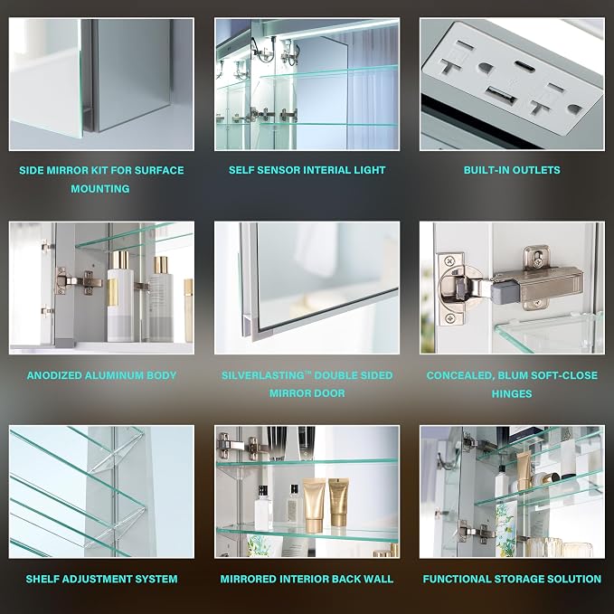 60" X 30" Bathroom Mirror Medicine Cabinet with 3X Magnification Makeup Mirror, LED Mirrored Cabinet, Bathroom Storage Mirror Cabinet, Recessed or Surface, Three Opening Doors