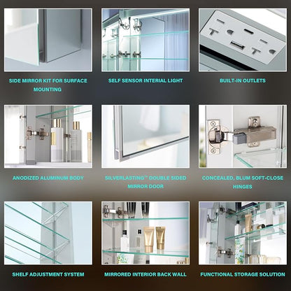 60" X 30" Bathroom Mirror Medicine Cabinet with 3X Magnification Makeup Mirror, LED Mirrored Cabinet, Bathroom Storage Mirror Cabinet, Recessed or Surface, Three Opening Doors