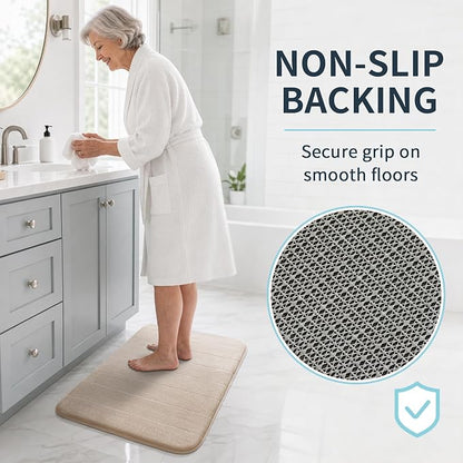 Yimobra Memory Foam Bath Mat, Soft Absorbent Bathroom Rug, 24x17, Beige | Non Slip Backing, Quick Dry, Machine Washable Bath Rug for Tub & Shower Areas, Durable Design That Complements Bathroom Decor