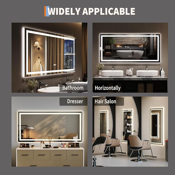 GarveeHome 55x26 LED Bathroom Mirror with Lights, Dimmable, Anti-Fog, Backlit + Front Lit, Lighted Bathroom Vanity Mirror for Wall, Memory Function, Shatter-Proof (Horizontal/Vertical)