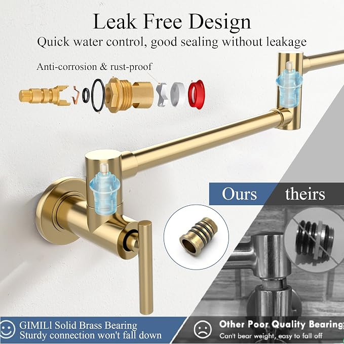 Faucets with Wall Mount Double Joint Swing Arms - Leak Free Design with High-Flow Aerators - Retractable & Folding for Space Saving