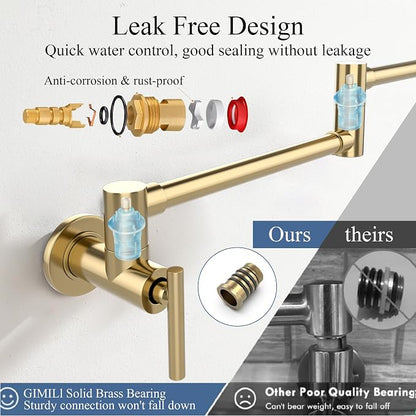 Faucets with Wall Mount Double Joint Swing Arms - Leak Free Design with High-Flow Aerators - Retractable & Folding for Space Saving