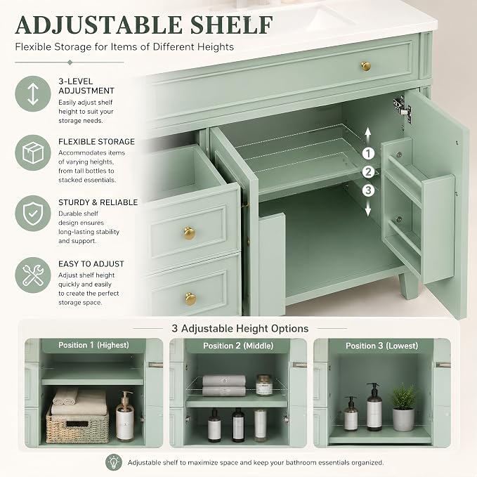 Bellemave 36" Bathroom Vanity with Sink, Bathroom vanities, Green Bathroom Vanity with Drawers, Sink Cabinet, Sage Green, 36Inch