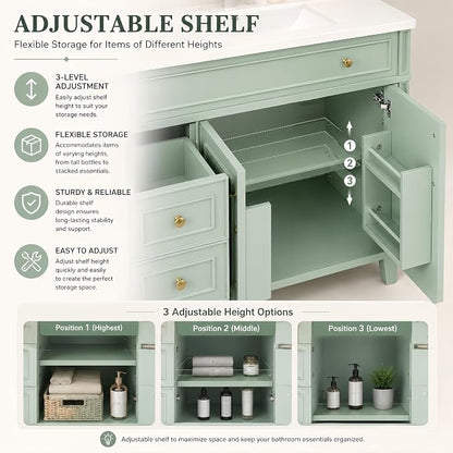 Bellemave 36" Bathroom Vanity with Sink, Bathroom vanities, Green Bathroom Vanity with Drawers, Sink Cabinet, Sage Green, 36Inch