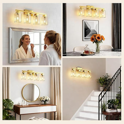 PARTPHONER 4-Light Bathroom Light Fixtures, Brushed Gold Modern Vanity Lights, Bathroom Lighting Fixtures Over Mirror, Square Design Farmhouse Wall Sconces with Clear Glass Shades