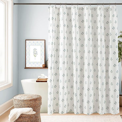 Blue and Green Boho Vintage Floral Shower Curtain for Bathroom,Modern Farmhouse Light Blue and White Block Print Botanical Waterproof Cloth Fabric Shower Curtain Set with Hooks,72x72 Inch