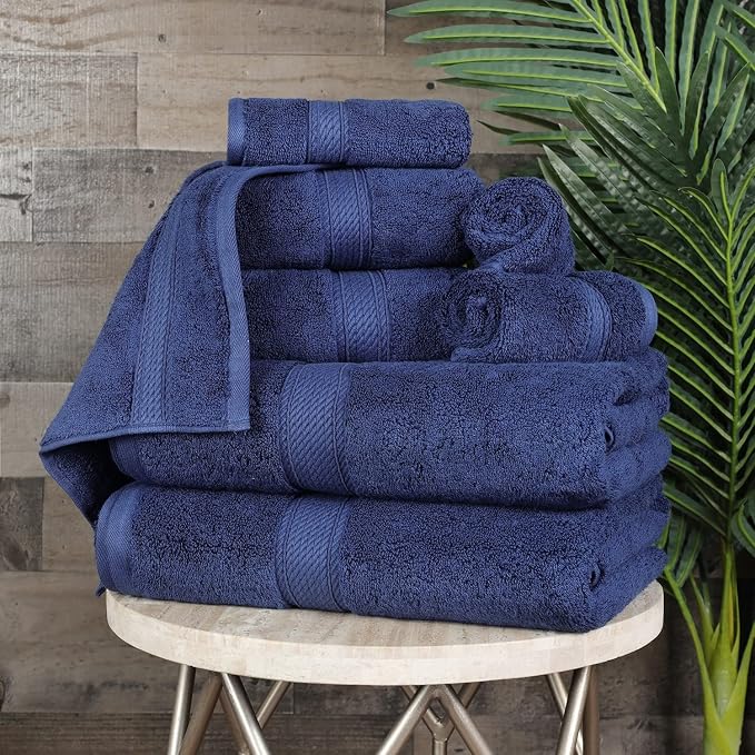SUPERIOR Egyptian Cotton Ultra Plush & Absorbent, 8 Piece Set, Navy Blue | Quick Dry, Soft Luxury Towel Set, Bath Essentials, Guest Bath, Spa, 2 Bath, 2 Hand, 4 Face Towels, Madeline Towels