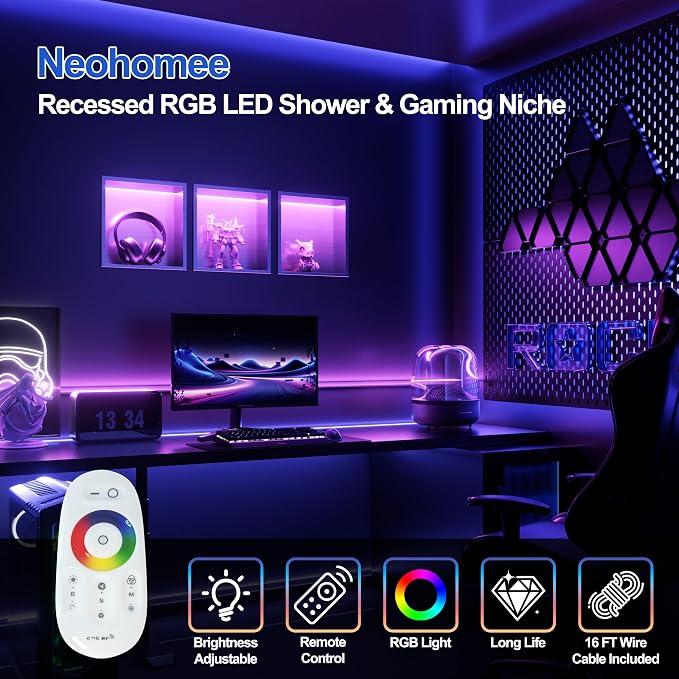 12X12 RGB Shower Niche, Brushed Nickel Stainless Steel LED Wall Niche, No Tile Needed Recessed Storage for Bathroom Storage Built-in Installation